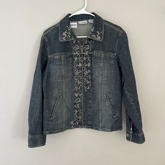 Chicos Platinum Womens Blue Jean Jacket Medium Full Zip Embroidered Floral Vtg - Picture 4 of 9